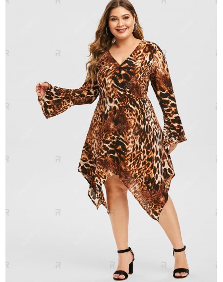 Plus Size Handkerchief Leopard Print Midi Dress - 2x