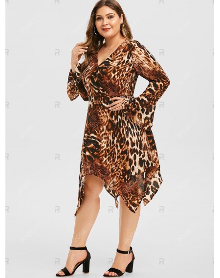 Plus Size Handkerchief Leopard Print Midi Dress - 2x