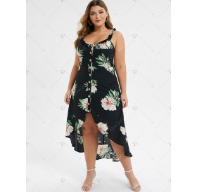 Plus Size High Low Button Up Floral Flounce Maxi Dress - 3x