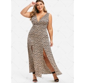 Plus Size Plunge High Slit Leopard Print Maxi Dress - M