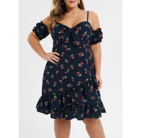 Plus Size Cherry Print Knotted Flounce Bodycon Dress - 3x