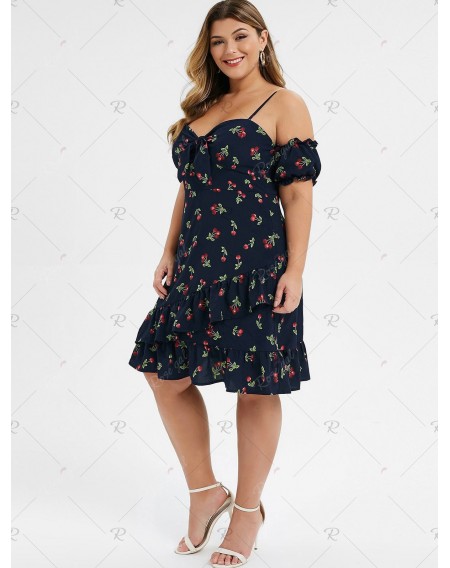 Plus Size Cherry Print Knotted Flounce Bodycon Dress - 3x
