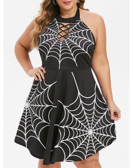 Plus Size Halloween Spider Web Backless Lattice Dress - 3x
