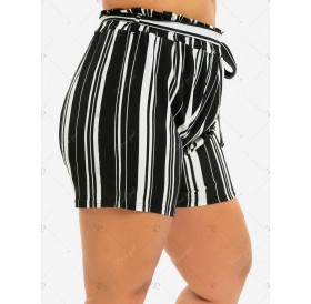 Plus Size Striped Belted Paperbag Waist Shorts - 1x