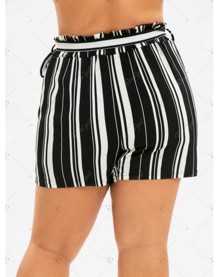 Plus Size Striped Belted Paperbag Waist Shorts - 1x