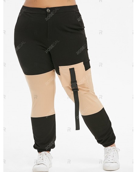 Plus Size Buckle Front Pocket Contrast Panel Jogger Pants - M