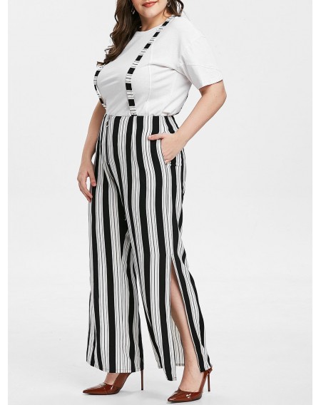Plus Size Striped Print Side Slit Wide Leg Suspender Pants - 3x