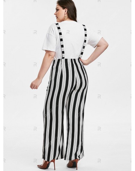 Plus Size Striped Print Side Slit Wide Leg Suspender Pants - 3x