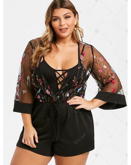 Plus Size Flower Embroidered Plunging Romper with Crisscross Camisole - L