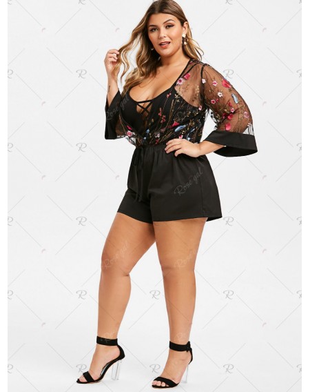 Plus Size Flower Embroidered Plunging Romper with Crisscross Camisole - L