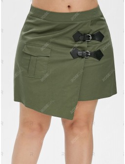 Plus Size Buckle Embellished Pocket Asymmetric Mini Overlap Skirt - L