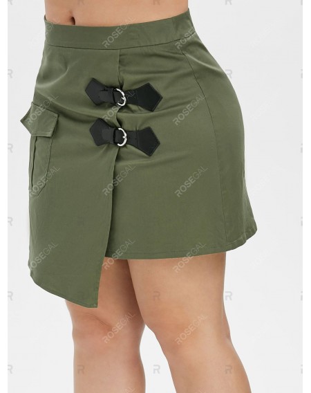Plus Size Buckle Embellished Pocket Asymmetric Mini Overlap Skirt - L