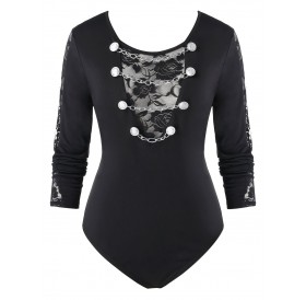 Plus Size Lace Panel Chains Fitted Bodysuit - M