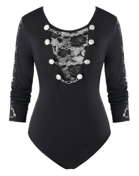Plus Size Lace Panel Chains Fitted Bodysuit - M