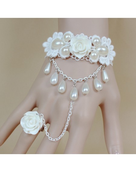 Korean Style Wedding Bracelet with Pearl Female Lace Briding  with White Rose Ring Bridal  Flower Ring Bracelet