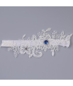 Women Wedding White Lace Garters with Blue Rhinestone Female Bride Embroidery Floral Leg Garter Ladies Beautiful Thigh Ring
