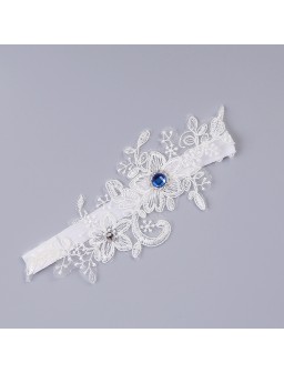 Women Wedding White Lace Garters with Blue Rhinestone Female Bride Embroidery Floral Leg Garter Ladies Beautiful Thigh Ring