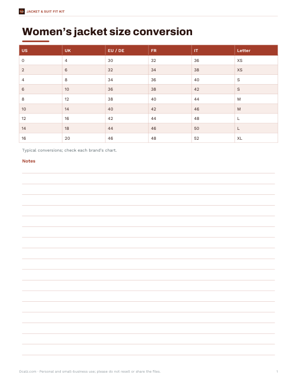 Preview of Printable Women’s Jacket Size Chart